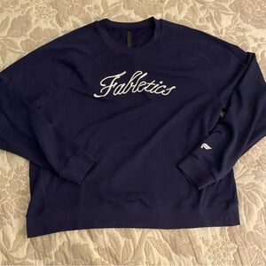 Fabletics men’s navy blue and white cursive crewneck sweatshirt in XL